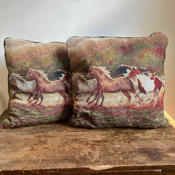 Pair of Vintage Horse Tapestry Throw Pillows | Set of 2 Equestrian Pillows - Picture 1 of 3